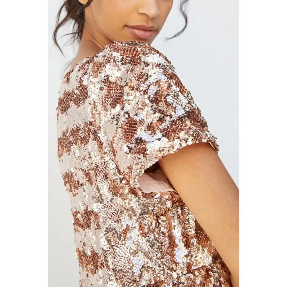 Maeve by Anthropologie Bernadette Tiered Sequin Midi Dress Rose Gold Small NWT